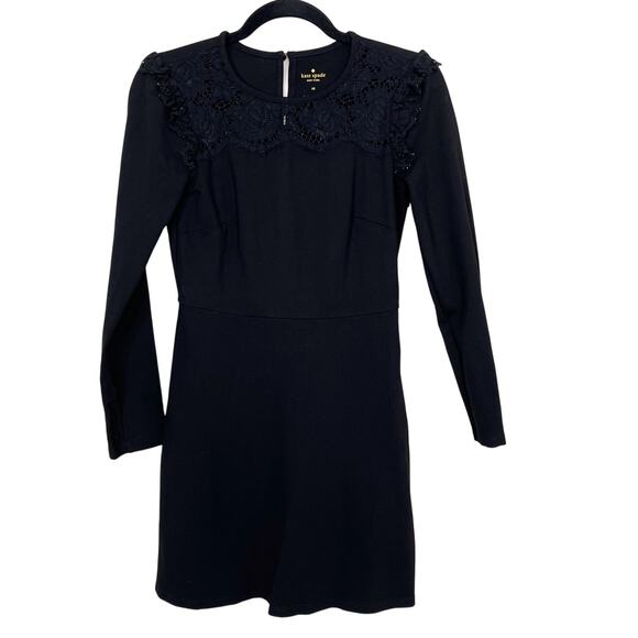Kate Spade Lace Yoke Ponte Long Sleeve Dress Black XSmall XS Keyhole Back - Picture 1 of 10